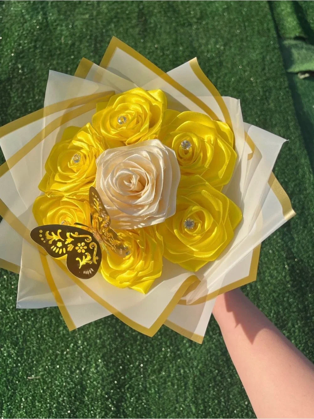 Yellow & Cream Satin Rose Bouquet with Gold Butterfly - Home Party Décor